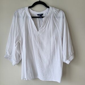 Chaps White V-Neck Linen Blend Flowy Blouse